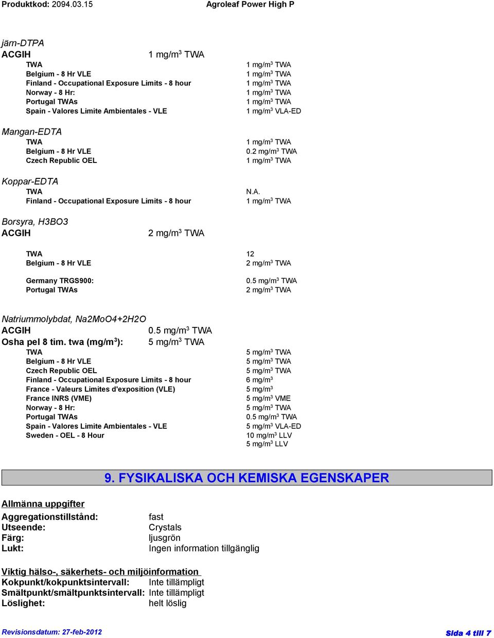 twa (mg/m 3 ): Czech Republic OEL Finland - Occupational Exposure Limits - 8 hour 6 mg/m 3 France - Valeurs Limites d'exposition (VLE) 5 mg/m 3 France INRS (VME) 5 mg/m 3 VME Norway - 8 Hr: Portugal