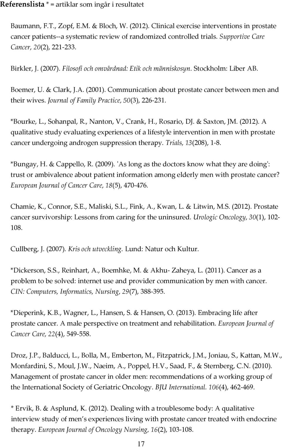 Filosofi och omvårdnad: Etik och människosyn. Stockholm: Liber AB. Boemer, U. & Clark, J.A. (2001). Communication about prostate cancer between men and their wives.