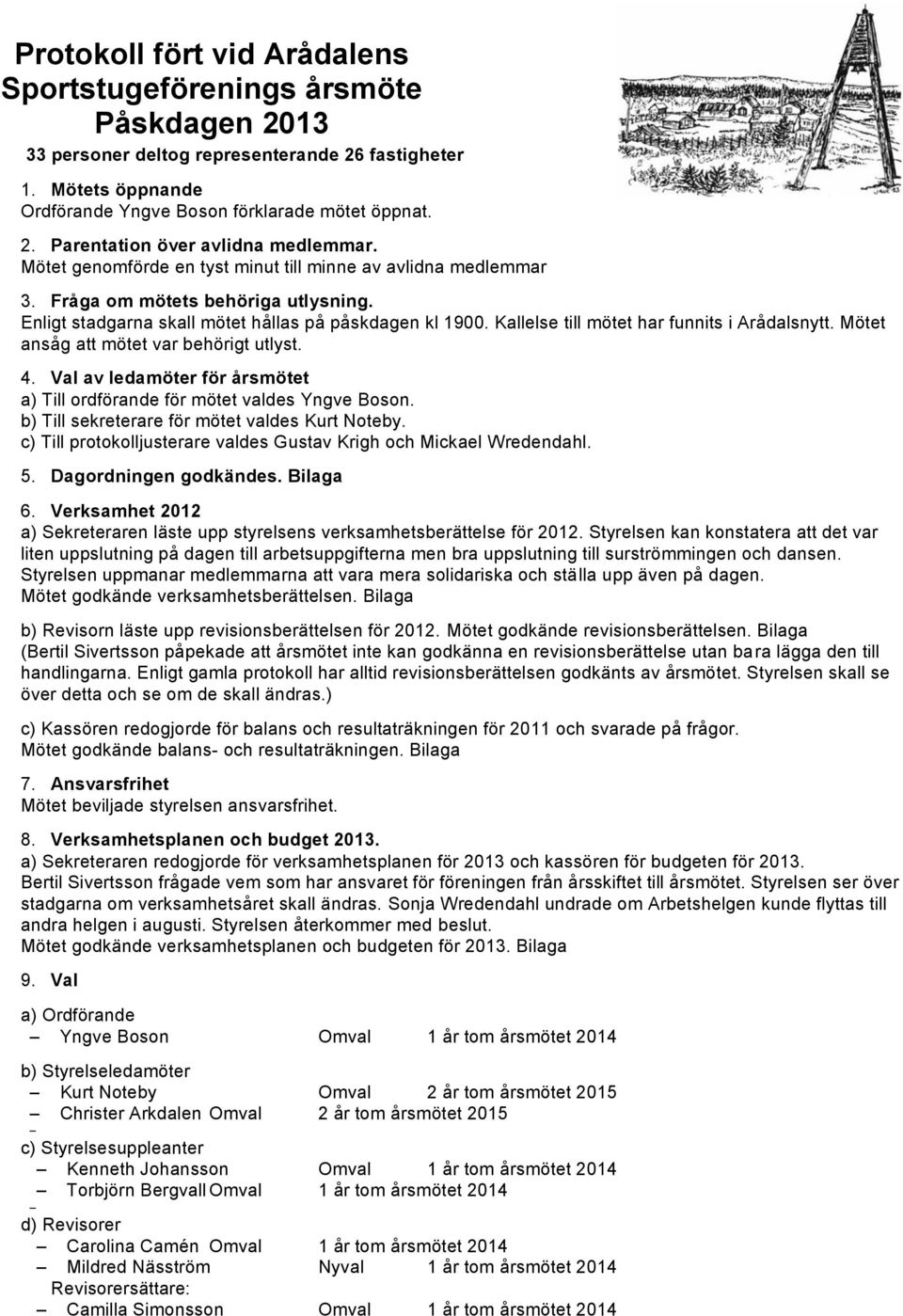 Kallelse till mötet har funnits i Arådalsnytt. Mötet ansåg att mötet var behörigt utlyst. 4. Val av ledamöter för årsmötet a) Till ordförande för mötet valdes Yngve Boson.