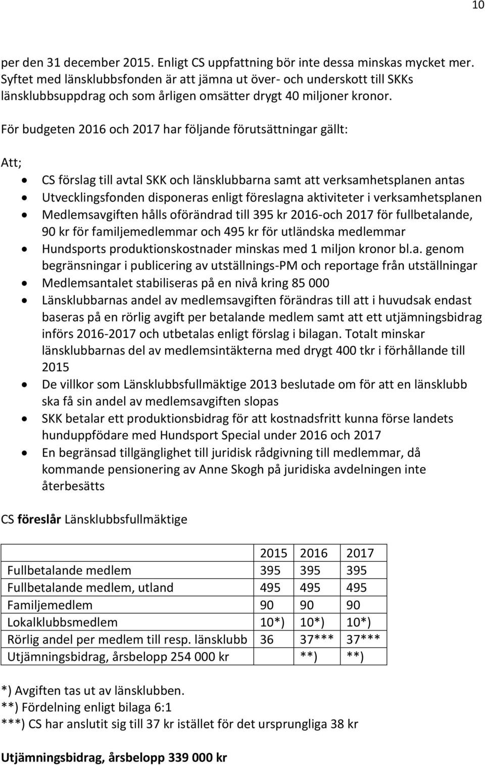 För budgeten 2016 och 2017 har följande förutsättningar gällt: Att; CS förslag till avtal SKK och länsklubbarna samt att verksamhetsplanen antas Utvecklingsfonden disponeras enligt föreslagna