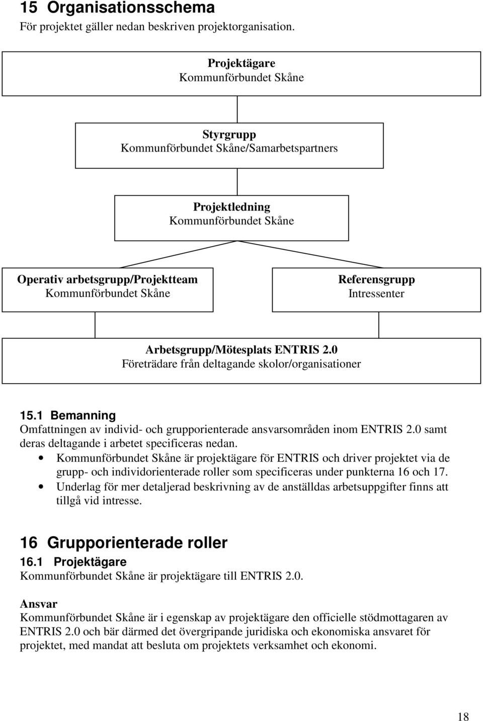 Intressenter Arbetsgrupp/Mötesplats ENTRIS 2.0 Företrädare från deltagande skolor/organisationer 15.1 Bemanning Omfattningen av individ- och grupporienterade ansvarsområden inom ENTRIS 2.