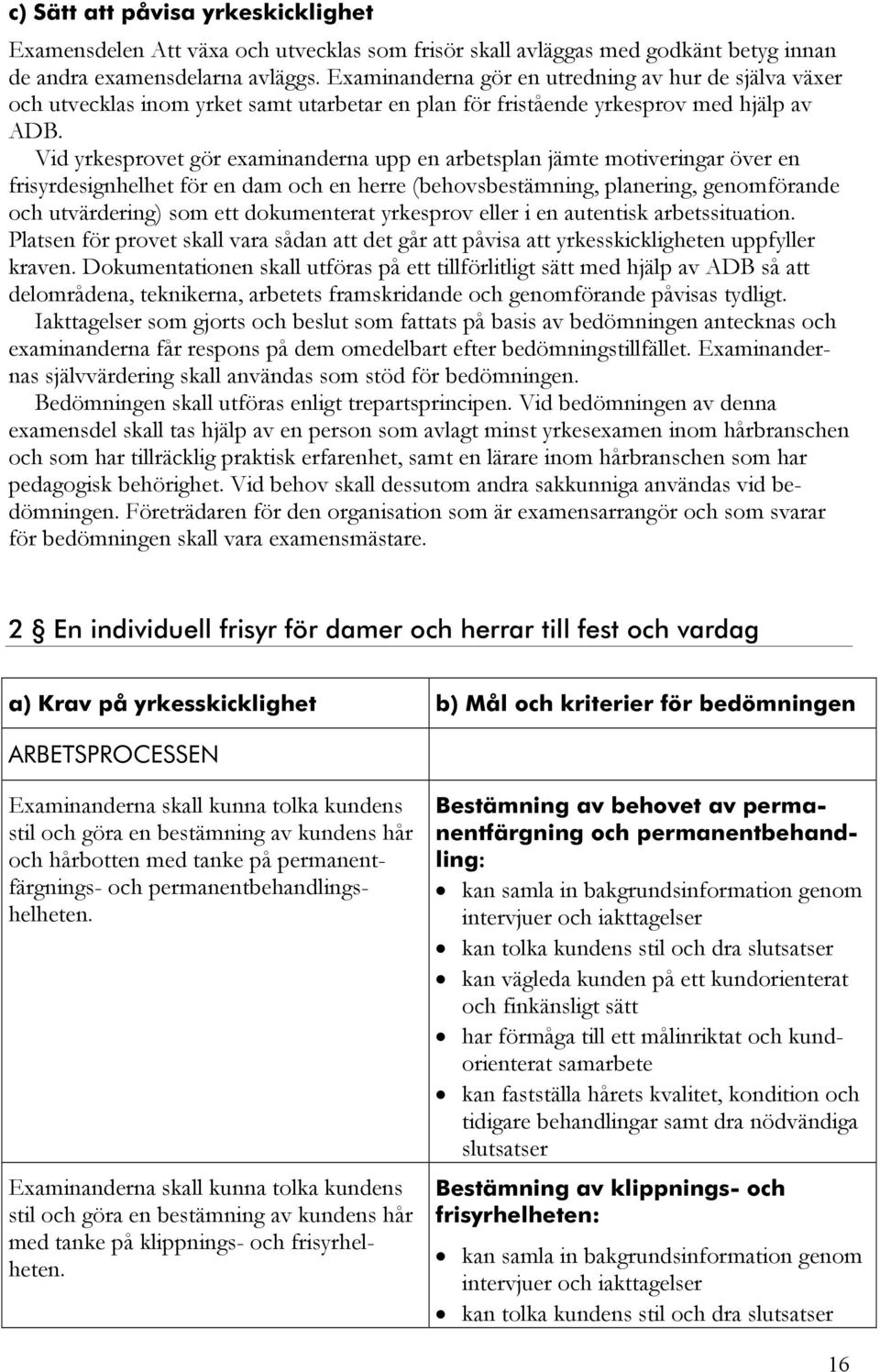 Vid yrkesprovet gör examinanderna upp en arbetsplan jämte motiveringar över en frisyrdesignhelhet för en dam och en herre (behovsbestämning, planering, genomförande och utvärdering) som ett