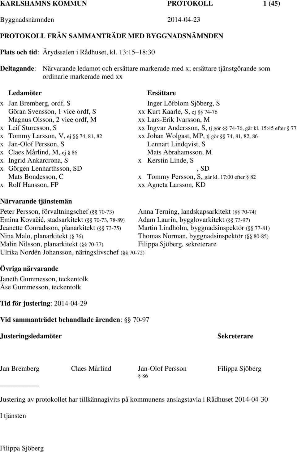 Göran Svensson, 1 vice ordf, S xx Kurt Kaarle, S, ej 74-76 Magnus Olsson, 2 vice ordf, M xx Lars-Erik Ivarsson, M x Leif Sturesson, S xx Ingvar Andersson, S, tj gör 74-76, går kl.