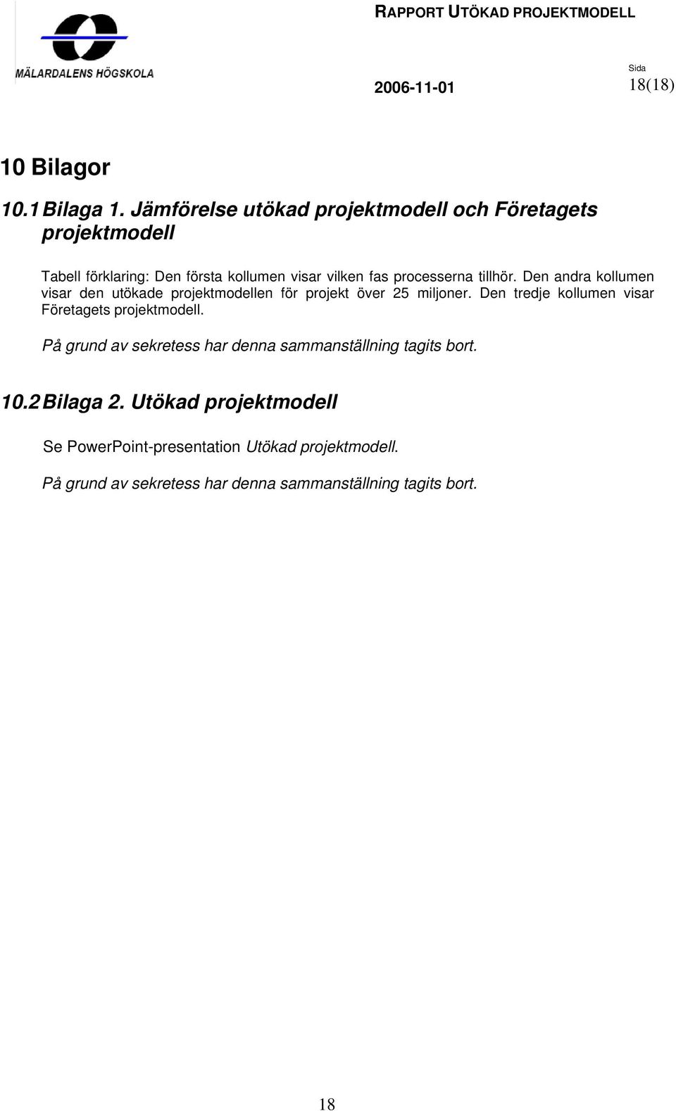 tillhör. Den andra kollumen visar den utökade projektmodellen för projekt över 25 miljoner.