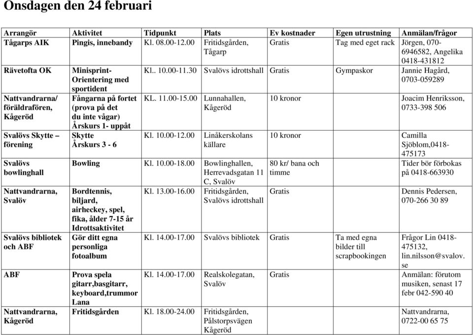 uppåt Skytte Årskurs 3-6 KL. 11.00-15.00 Lunnahallen, Kl. 10.00-12.00 Linåkerskolans källare Bowling Kl. 10.00-18.