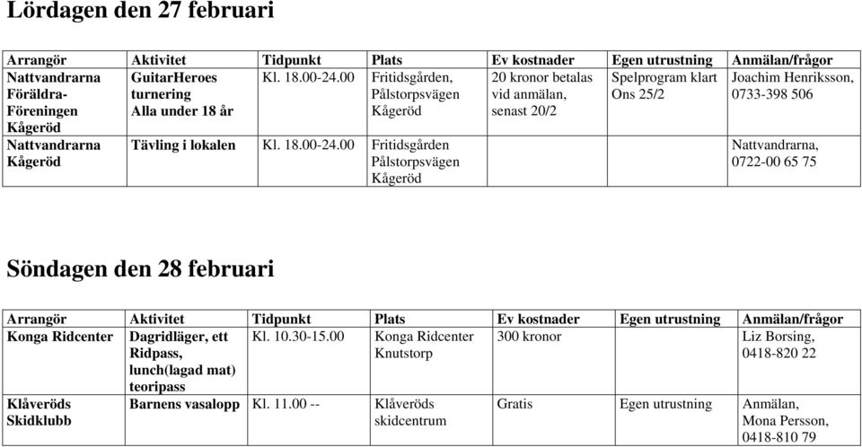 lokalen Kl. 18.00-24.00 Fritidsgården 0722-00 65 75 Söndagen den 28 februari Konga Ridcenter Klåveröds Skidklubb Dagridläger, ett Kl. 10.30-15.