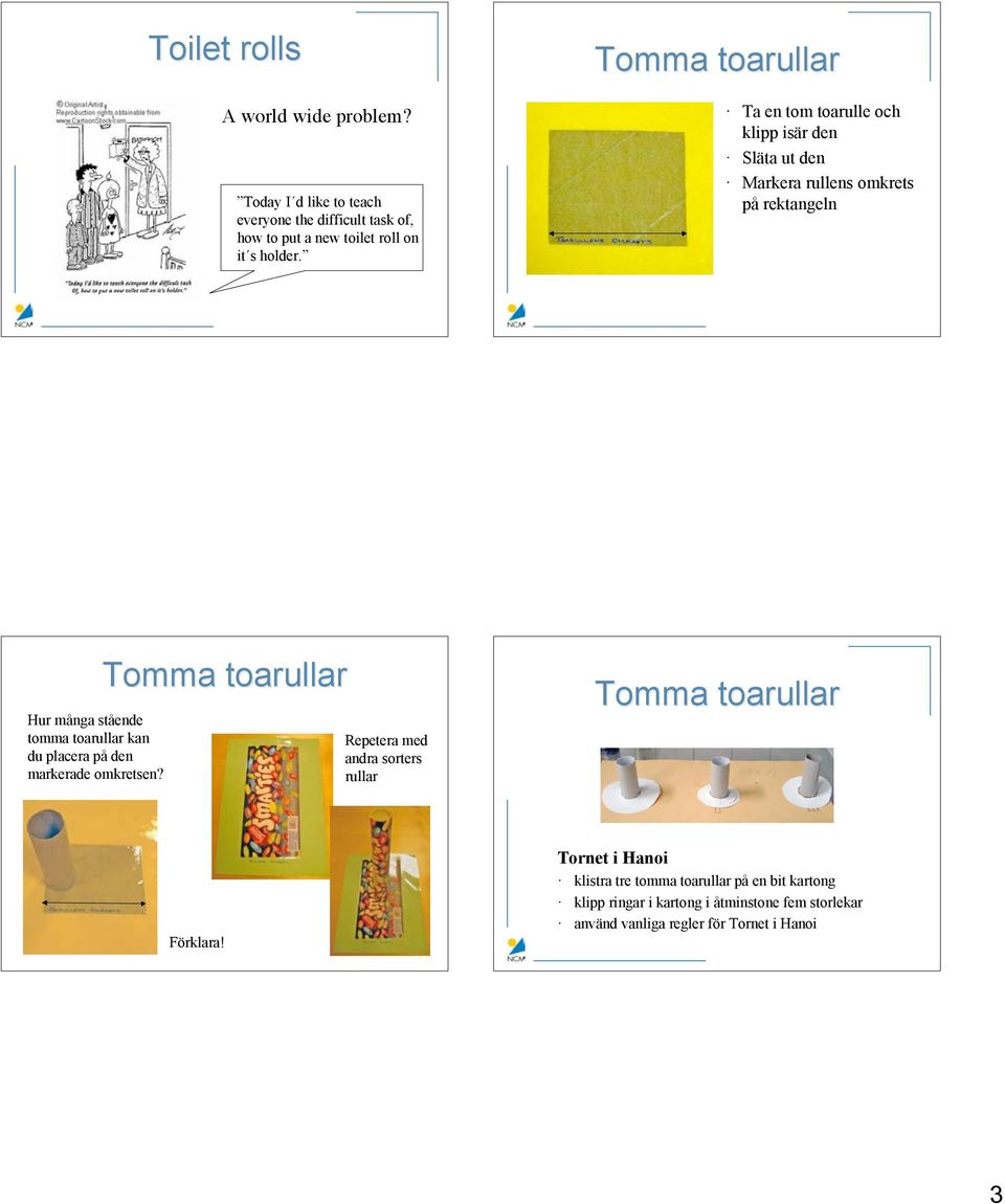 toarullar kan du placera på den markerade omkretsen? Tomma toarullar Repetera med andra sorters rullar Tomma toarullar Förklara!