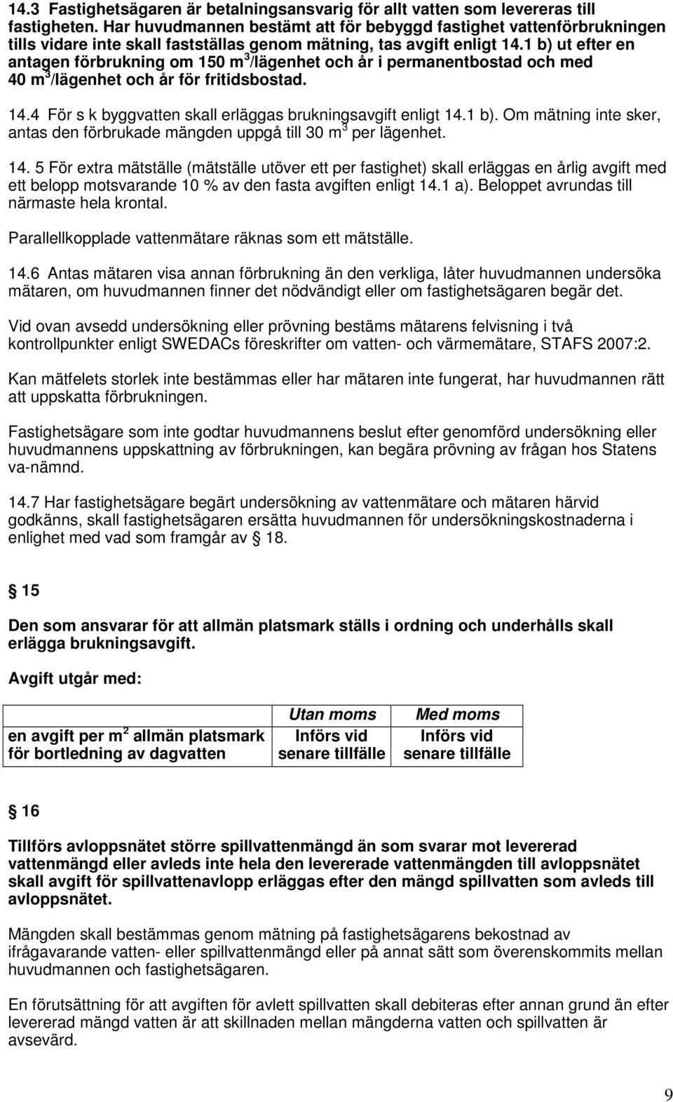 1 b) ut efter en antagen förbrukning om 150 m 3 /lägenhet och år i permanentbostad och med 40 m 3 /lägenhet och år för fritidsbostad. 14.4 För s k byggvatten skall erläggas brukningsavgift enligt 14.