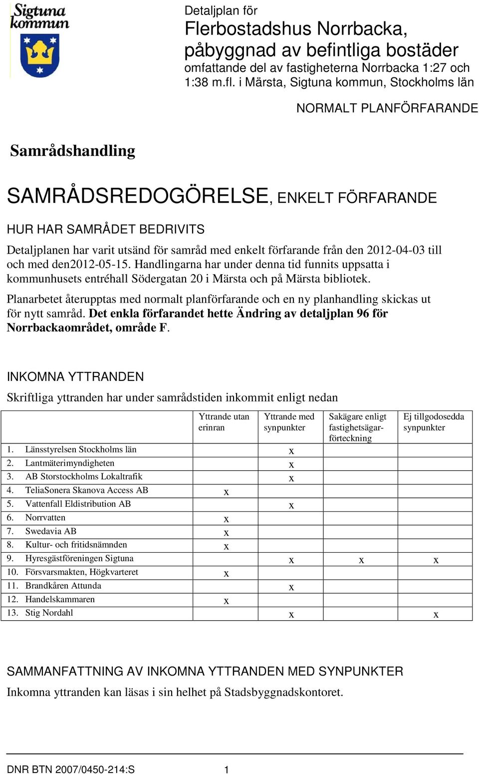 förfarande från den 2012-04-03 till och med den2012-05-15. Handlingarna har under denna tid funnits uppsatta i kommunhusets entréhall Södergatan 20 i Märsta och på Märsta bibliotek.