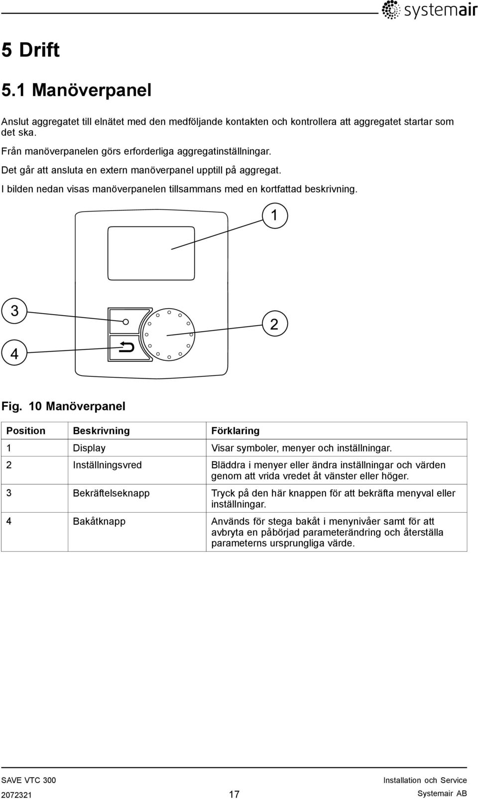 10 Manöverpanel Position Beskrivning Förklaring 1 Display Visar symboler, menyer och inställningar.