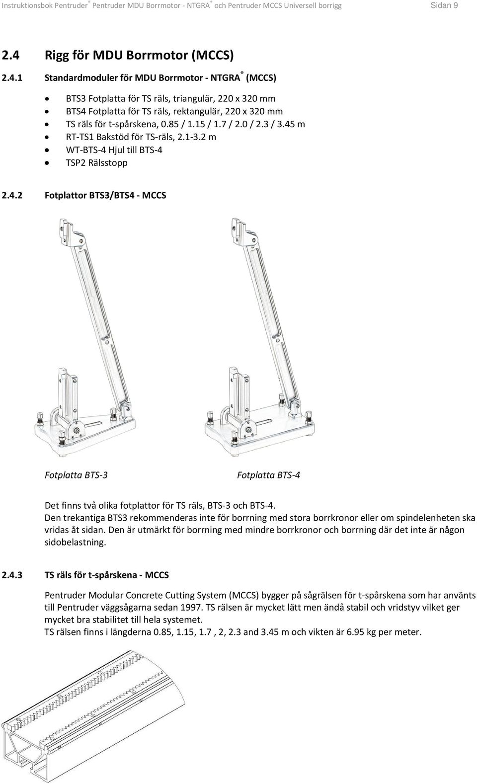 1 Standardmoduler för MDU Borrmotor NTGRA (MCCS) BTS3 Fotplatta för TS räls, triangulär, 220 x 320 mm BTS4 Fotplatta för TS räls, rektangulär, 220 x 320 mm TS räls för t spårskena, 0.85 / 1.15 / 1.