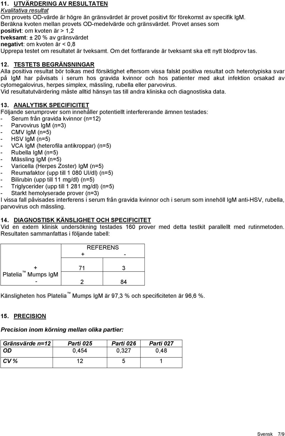 Provet anses som positivt: om kvoten är > 1,2 tveksamt: ± 20 % av gränsvärdet negativt: om kvoten är < 0,8 Upprepa testet om resultatet är tveksamt.