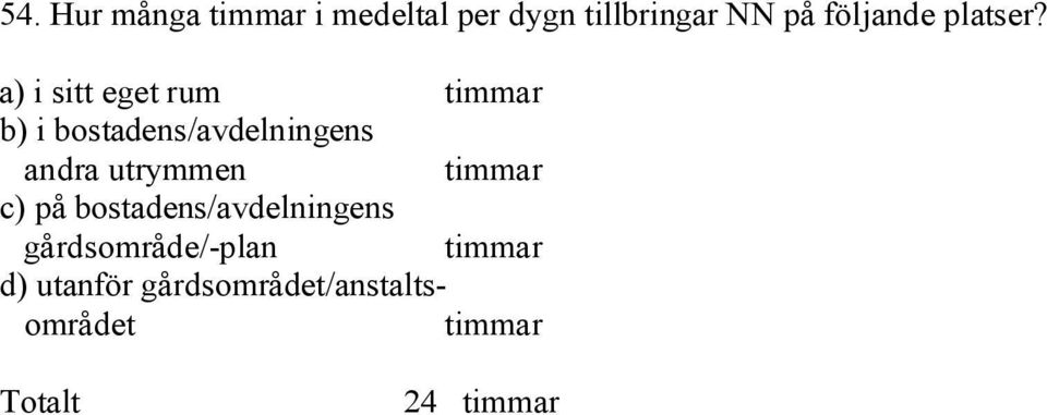 a) i sitt eget rum timmar b) i bostadens/avdelningens andra