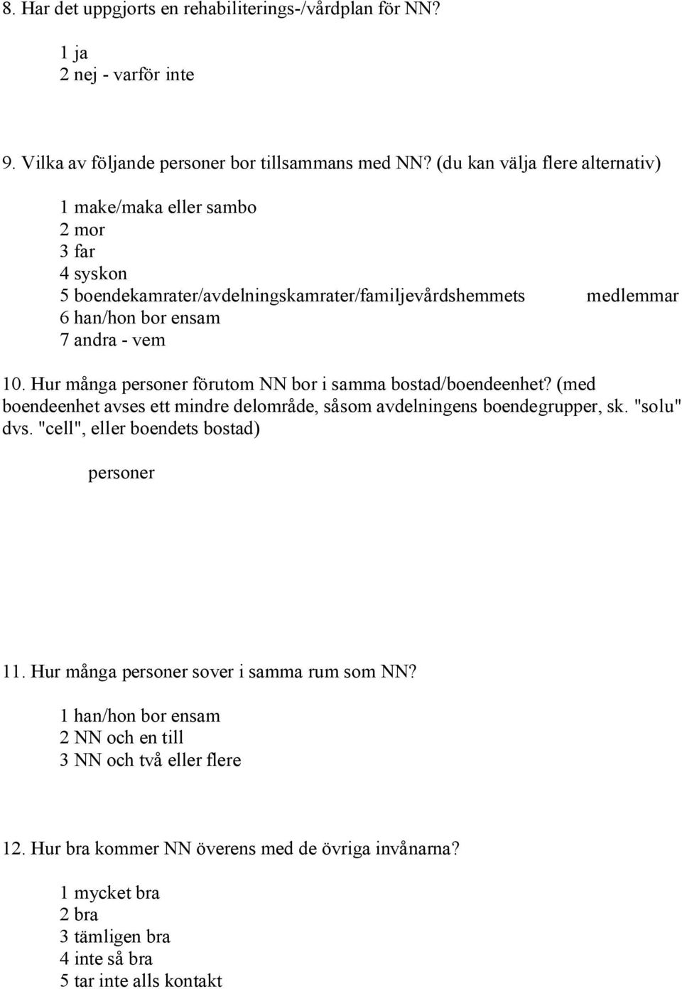 Hur många personer förutom NN bor i samma bostad/boendeenhet? (med boendeenhet avses ett mindre delområde, såsom avdelningens boendegrupper, sk. "solu" dvs.