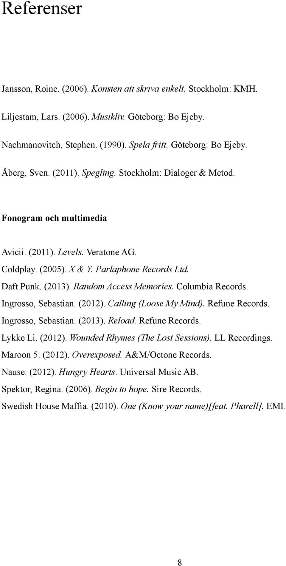 Columbia Records. Ingrosso, Sebastian. (2012). Calling (Loose My Mind). Refune Records. Ingrosso, Sebastian. (2013). Reload. Refune Records. Lykke Li. (2012). Wounded Rhymes (The Lost Sessions).