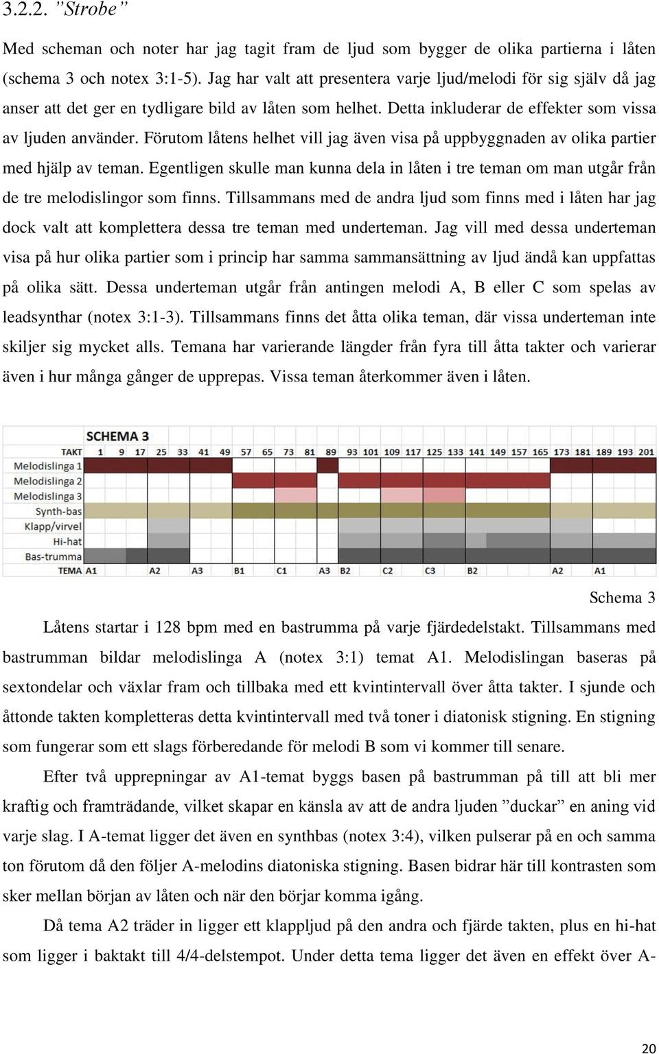 Förutom låtens helhet vill jag även visa på uppbyggnaden av olika partier med hjälp av teman. Egentligen skulle man kunna dela in låten i tre teman om man utgår från de tre melodislingor som finns.