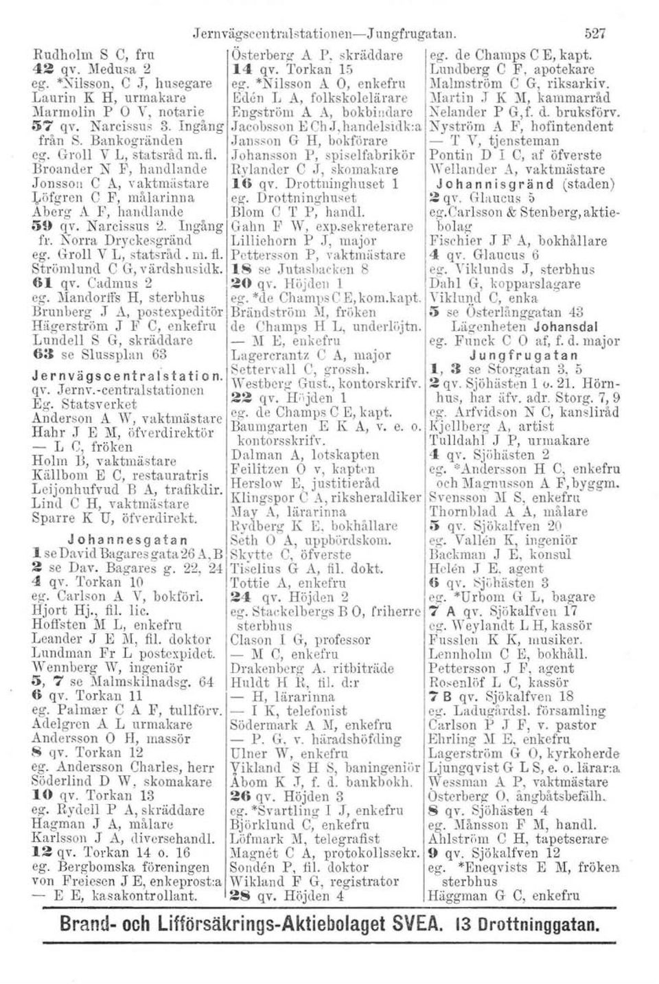 Bankogränden Jansson G H, bokförare eg. Groll V L, statsråd m.fl. Johansson P, spiselfabrikör Broarider N F, handlande Rylunder C J, skomakare Jonsson C A, vaktmilstare 16 qv.