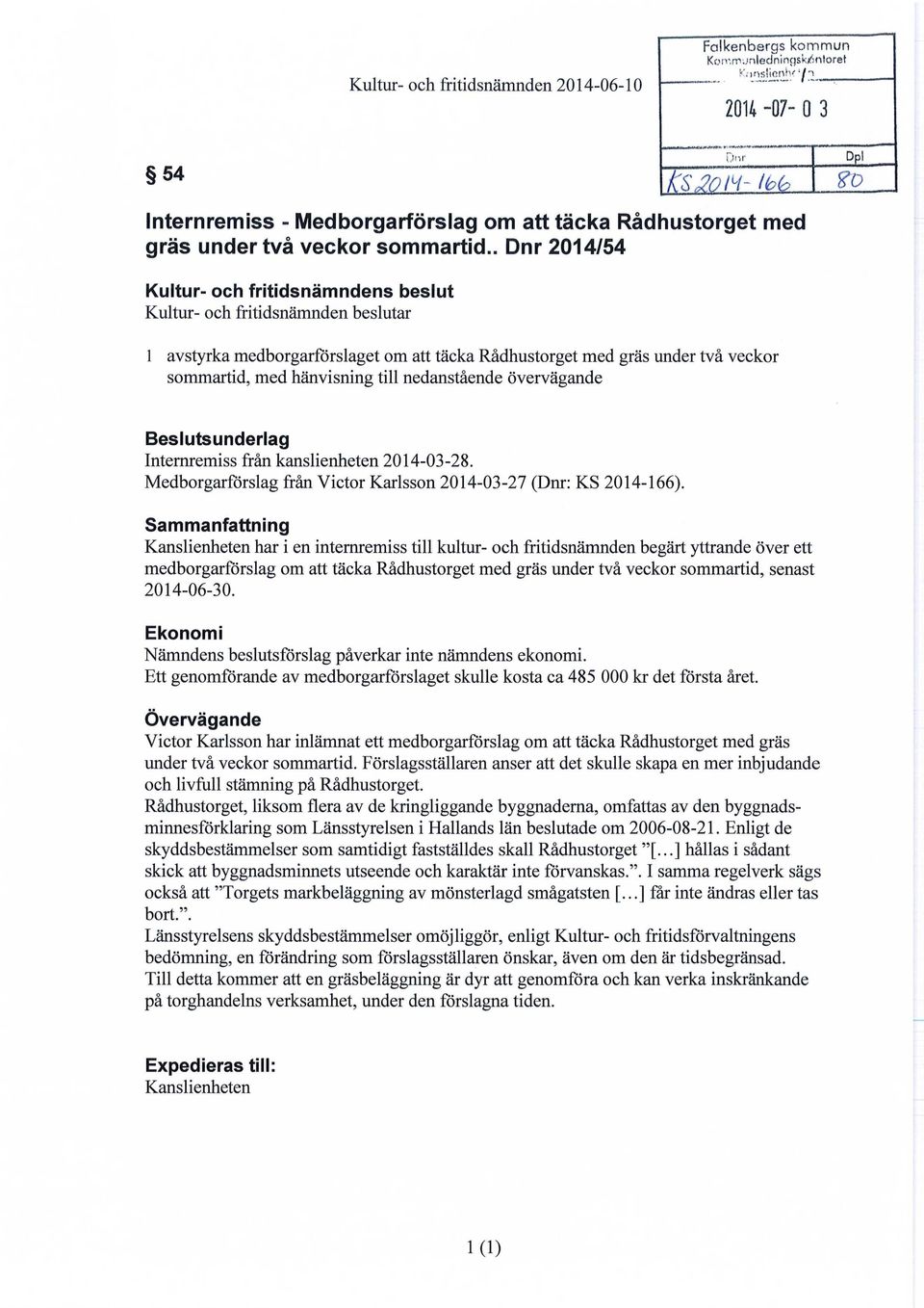 nedanstående övervägande Dnr Dpi 7x^9N-/Uo $0 Beslutsunderlag Internremiss från kanslienheten 2014-03-28. Medborgarförslag från Victor Karlsson 2014-03-27 (Dnr: KS 2014-166).