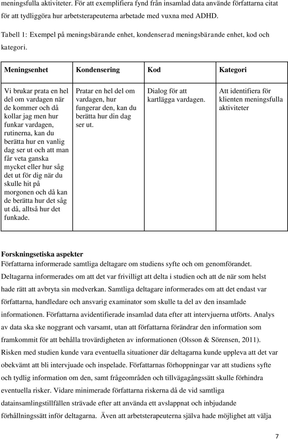 Meningsenhet Kondensering Kod Kategori Vi brukar prata en hel del om vardagen när de kommer och då kollar jag men hur funkar vardagen, rutinerna, kan du berätta hur en vanlig dag ser ut och att man