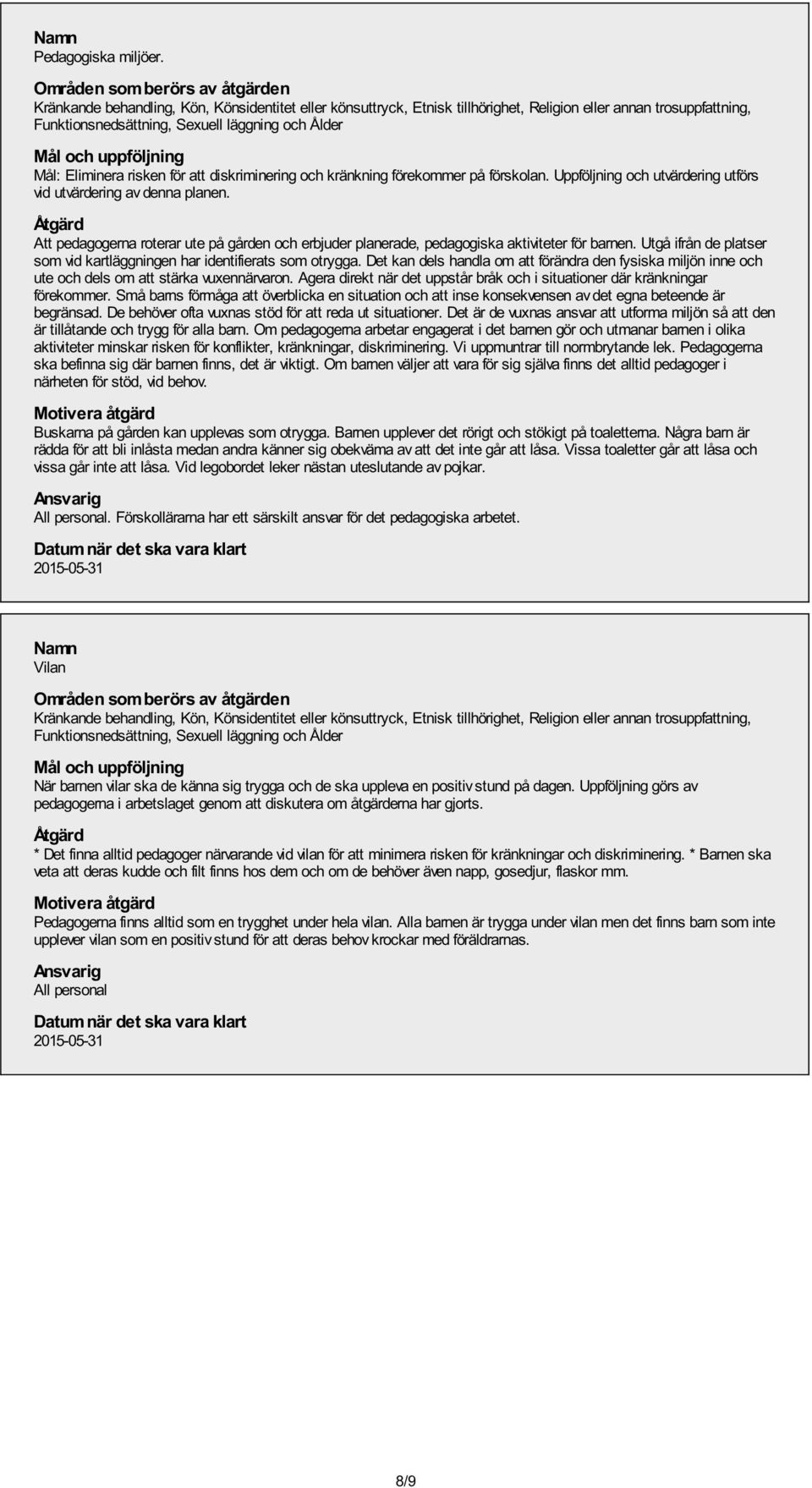 Utgå ifrån de platser som vid kartläggningen har identifierats som otrygga. Det kan dels handla om att förändra den fysiska miljön inne och ute och dels om att stärka vuxennärvaron.