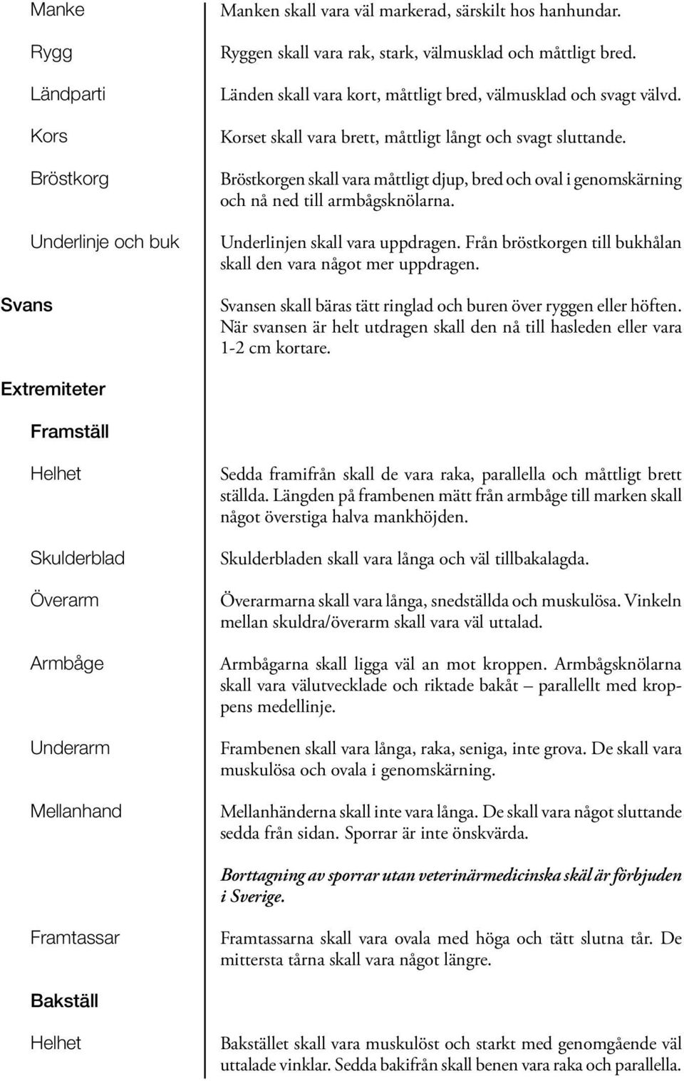 Bröstkorgen skall vara måttligt djup, bred och oval i genomskärning och nå ned till armbågsknölarna. Underlinjen skall vara uppdragen.