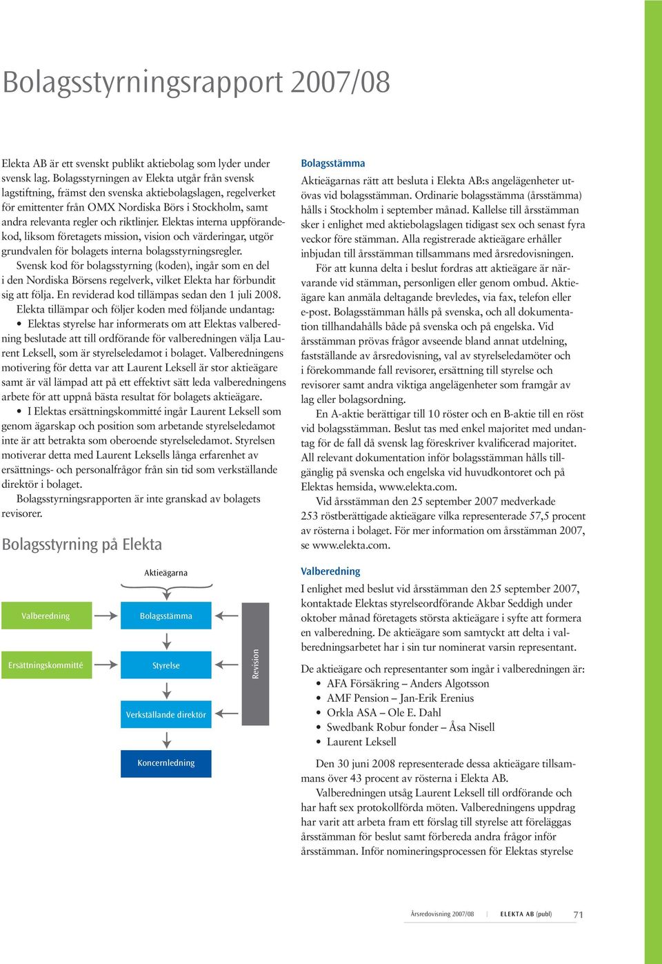 riktlinjer. Elektas interna uppförandekod, liksom företagets mission, vision och värderingar, utgör grundvalen för bolagets interna bolagsstyrningsregler.
