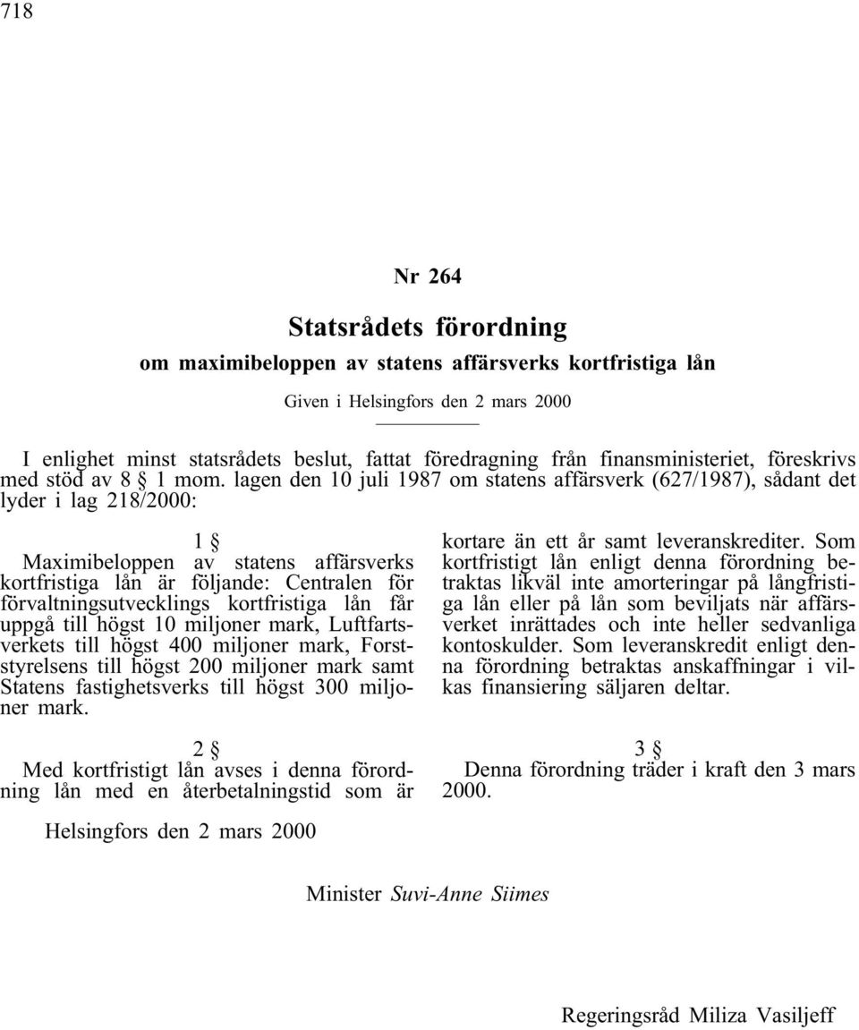 lagen den 10 juli 1987 om statens affärsverk (627/1987), sådant det lyder i lag 218/2000: 1 Maximibeloppen av statens affärsverks kortfristiga lån är följande: Centralen för förvaltningsutvecklings