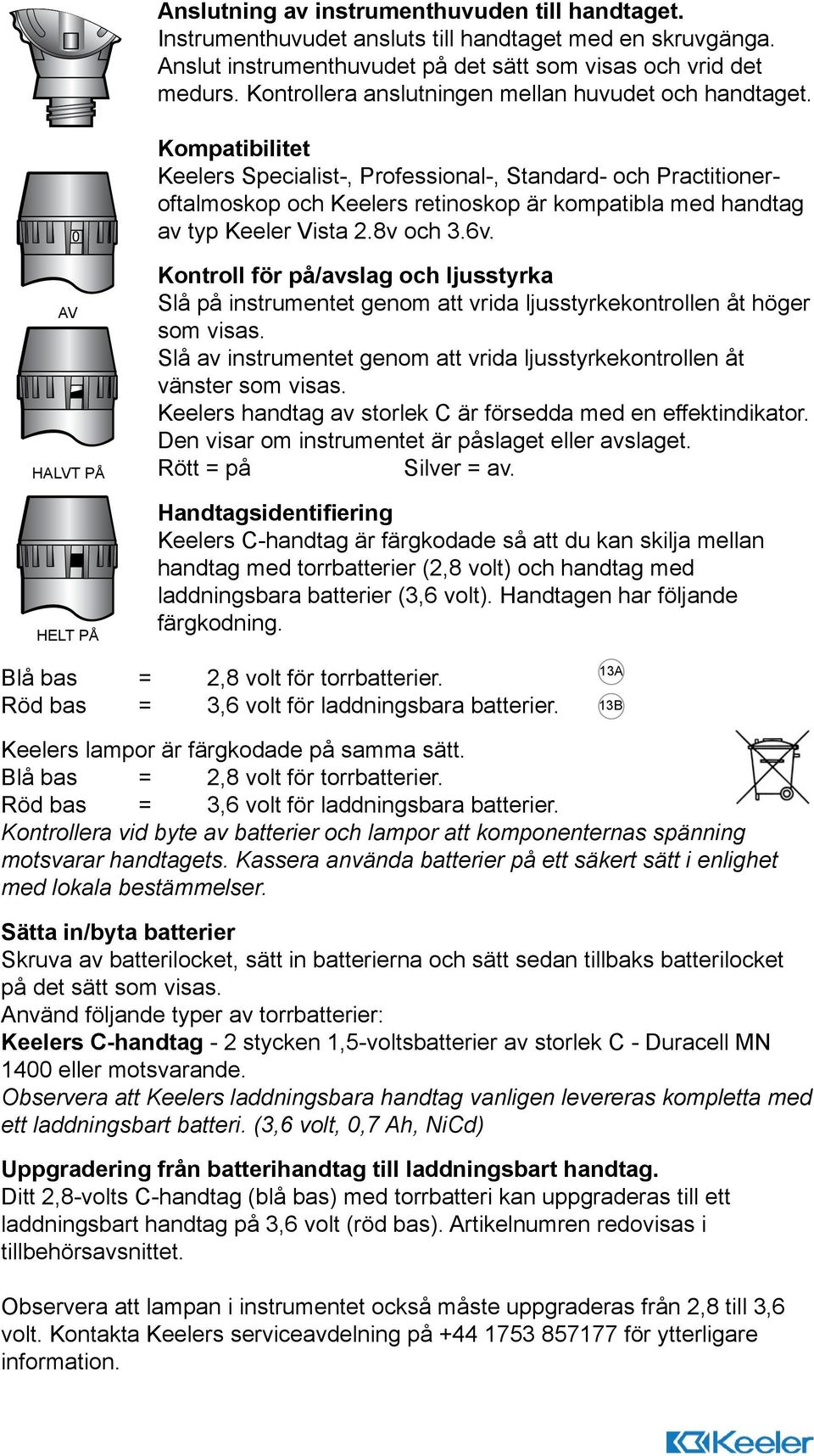 Kompatibilitet Keelers Specialist-, Professional-, Standard- och Practitioneroftalmoskop och Keelers retinoskop är kompatibla med handtag av typ Keeler Vista 2.8v och 3.6v.