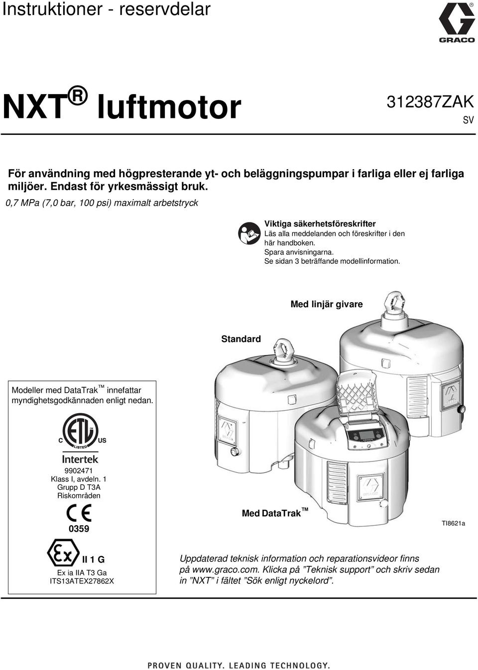 Se sidan 3 beträffande modellinformation. Med linjär givare Standard Modeller med DataTrak innefattar myndighetsgodkännaden enligt nedan. 990247 Klass I, avdeln.