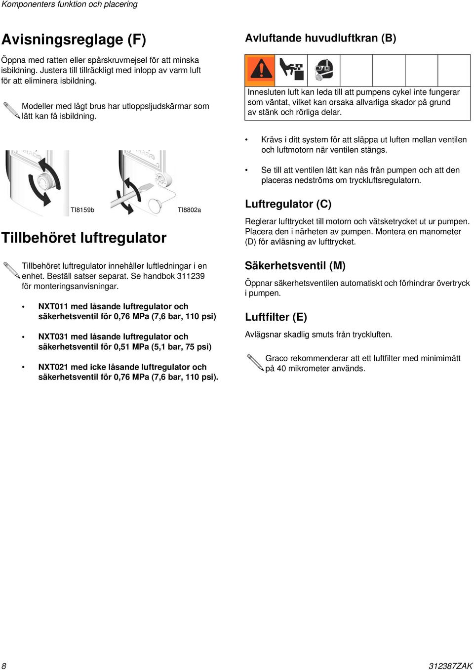 Avluftande huvudluftkran (B) Innesluten luft kan leda till att pumpens cykel inte fungerar som väntat, vilket kan orsaka allvarliga skador på grund av stänk och rörliga delar.