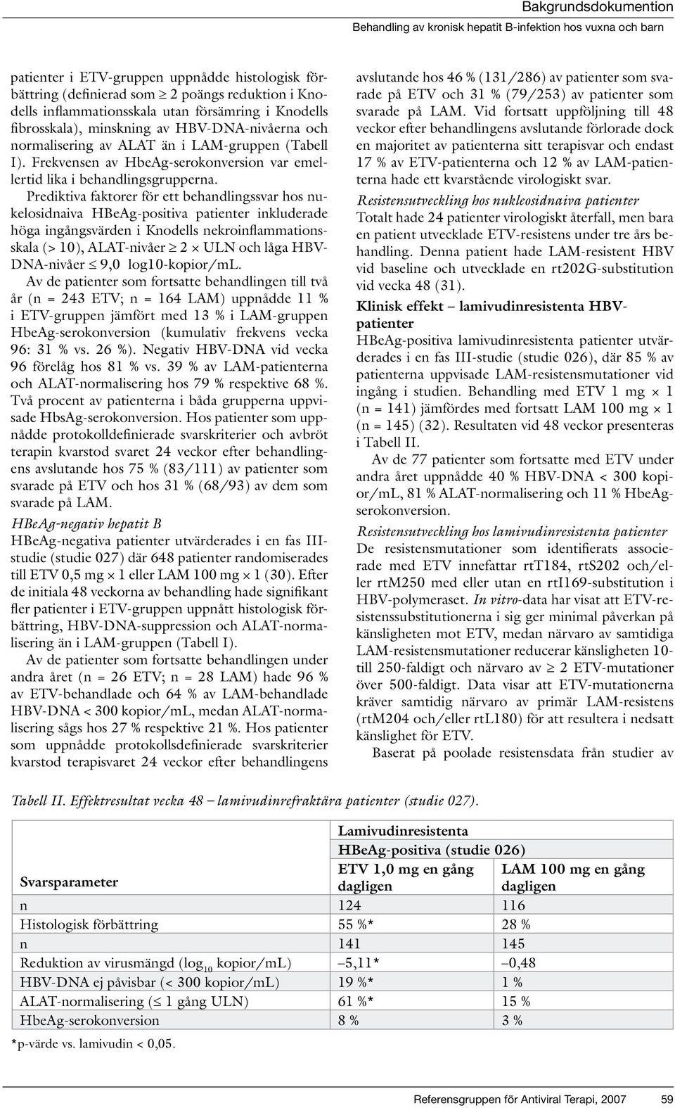 Prediktiva faktorer för ett behandlingssvar hos nukelosidnaiva HBeAg-positiva patienter inkluderade höga ingångsvärden i Knodells nekroinflammationsskala (> 10), ALAT-nivåer 2 ULN och låga HBV-