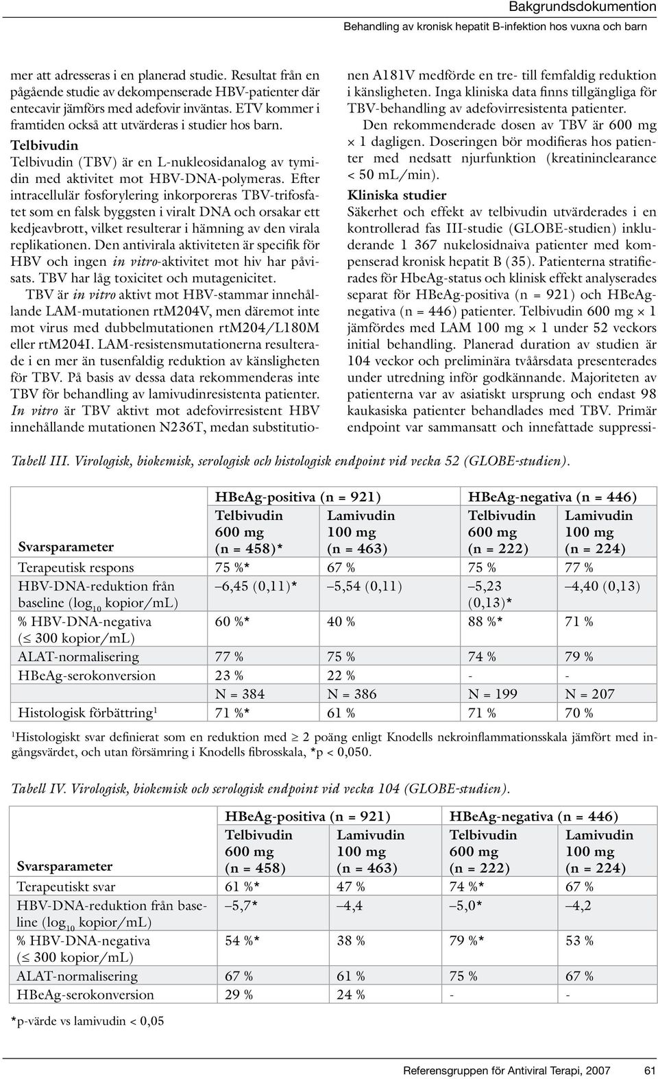 Kliniska studier Säkerhet och effekt av telbivudin utvärderades i en kontrollerad fas III-studie (GLOBE-studien) inkluderande 1 367 nukelosidnaiva patienter med kompenserad kronisk hepatit B (35).