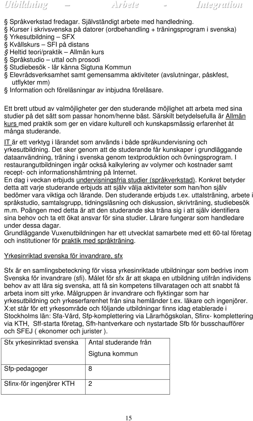 lär känna Sigtuna Kommun Elevrådsverksamhet samt gemensamma aktiviteter (avslutningar, påskfest, utflykter mm) Information och föreläsningar av inbjudna föreläsare.