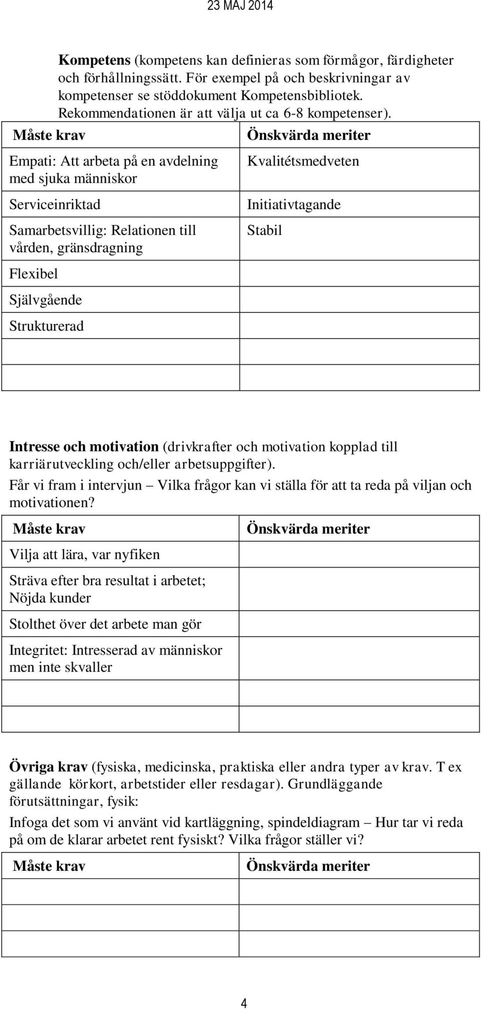 Empati: Att arbeta på en avdelning med sjuka människor Kvalitétsmedveten Serviceinriktad Samarbetsvillig: Relationen till vården, gränsdragning Flexibel Initiativtagande Stabil Självgående