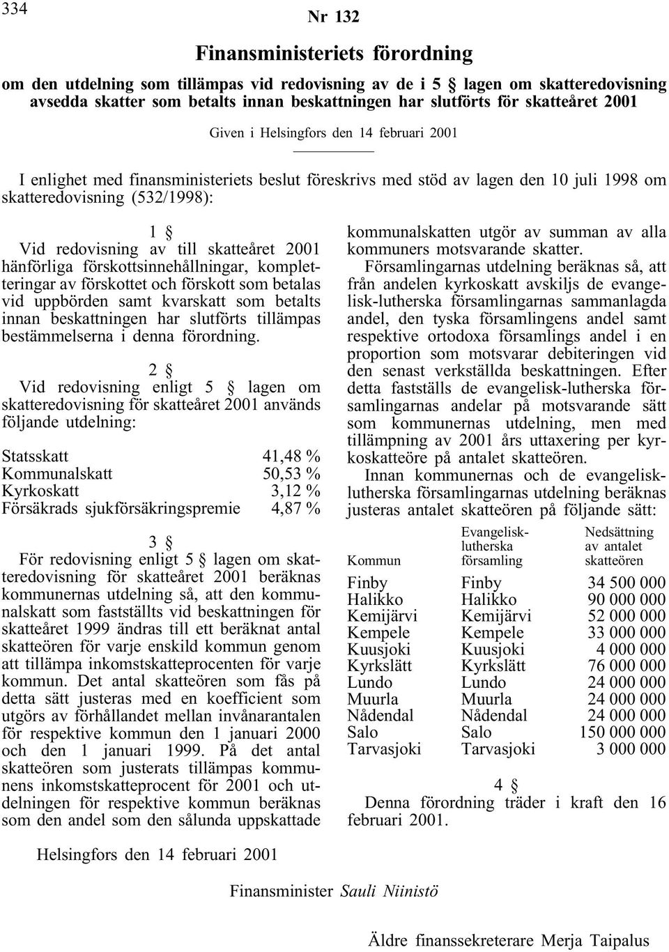 till skatteåret 2001 hänförliga förskottsinnehållningar, kompletteringar av förskottet och förskott som betalas vid uppbörden samt kvarskatt som betalts innan beskattningen har slutförts tillämpas