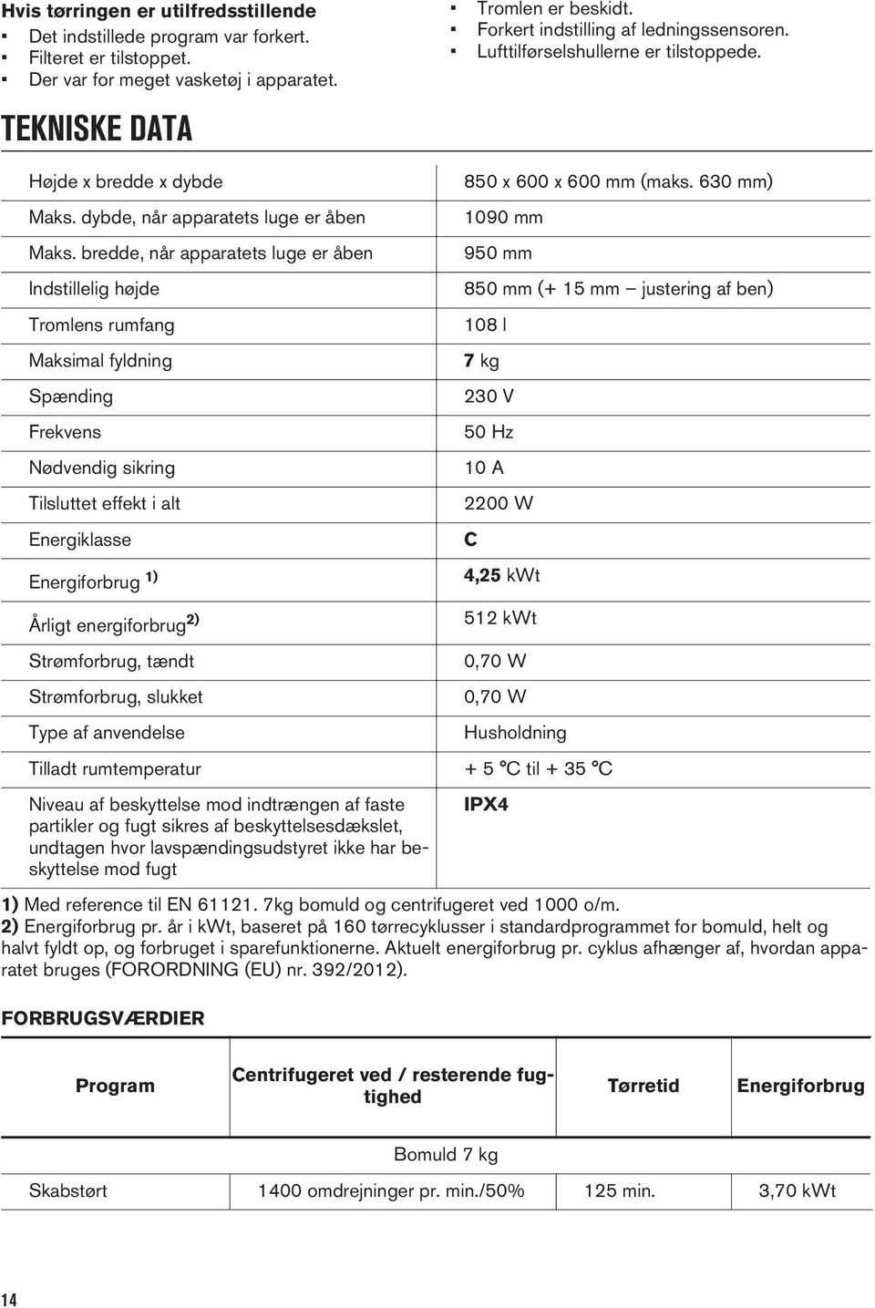 bredde, når apparatets luge er åben Indstillelig højde Tromlens rumfang Maksimal fyldning Spænding Frekvens Nødvendig sikring Tilsluttet effekt i alt Energiklasse Energiforbrug 1) Årligt