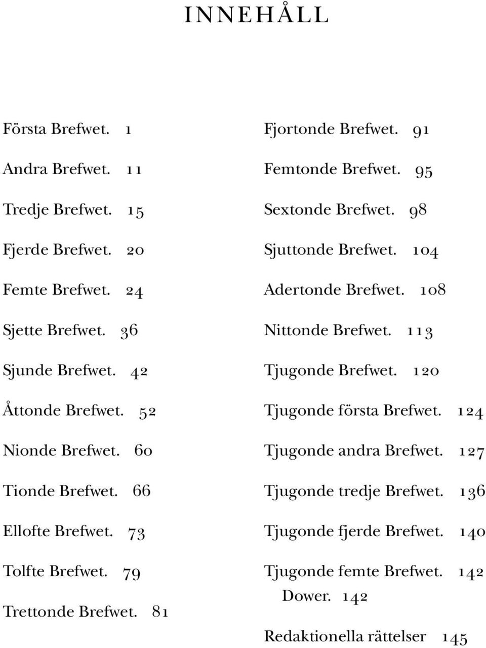 91 Femtonde Brefwet. 95 Sextonde Brefwet. 98 Sjuttonde Brefwet. 104 Adertonde Brefwet. 108 Nittonde Brefwet. 113 Tjugonde Brefwet.