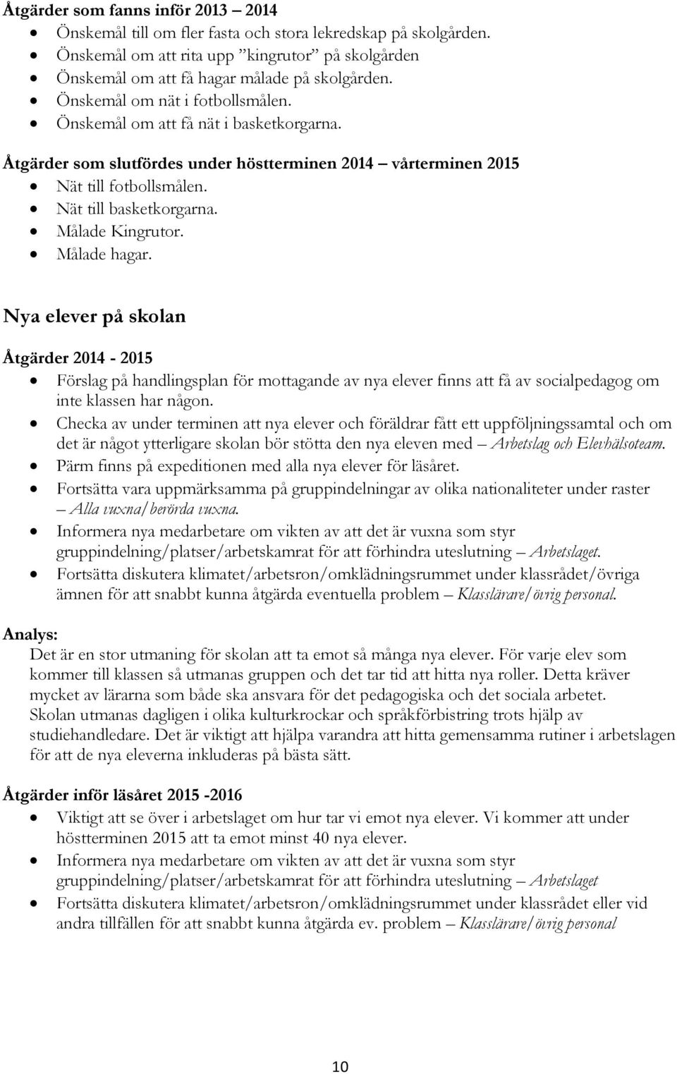 Målade Kingrutor. Målade hagar. Nya elever på skolan Åtgärder 2014-2015 Förslag på handlingsplan för mottagande av nya elever finns att få av socialpedagog om inte klassen har någon.