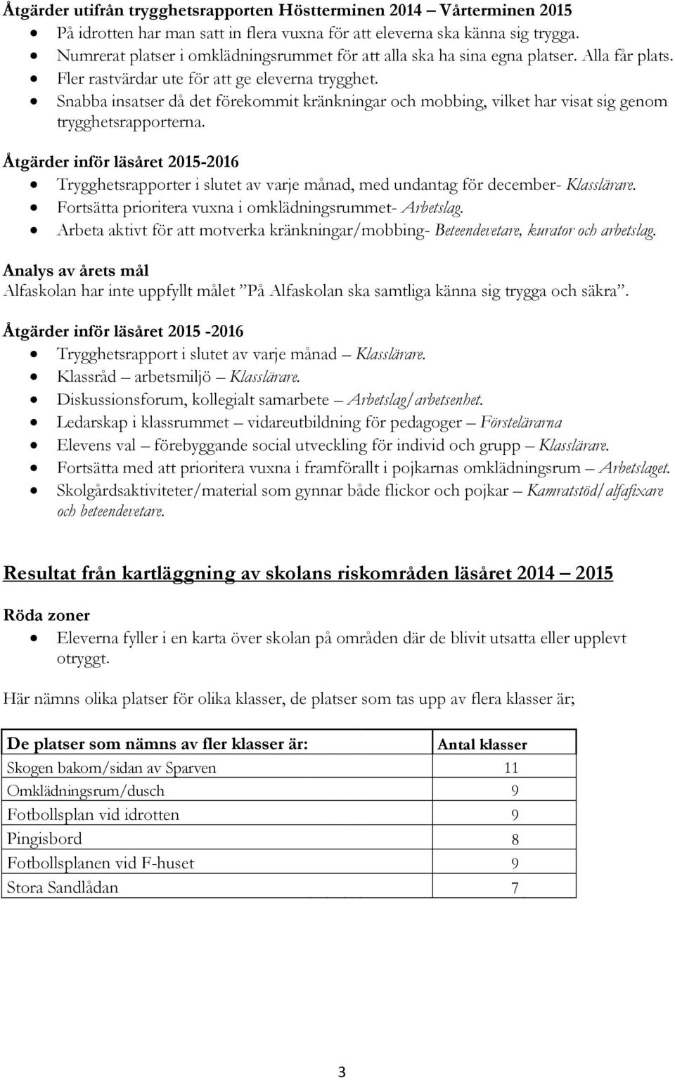 Snabba insatser då det förekommit kränkningar och mobbing, vilket har visat sig genom trygghetsrapporterna.
