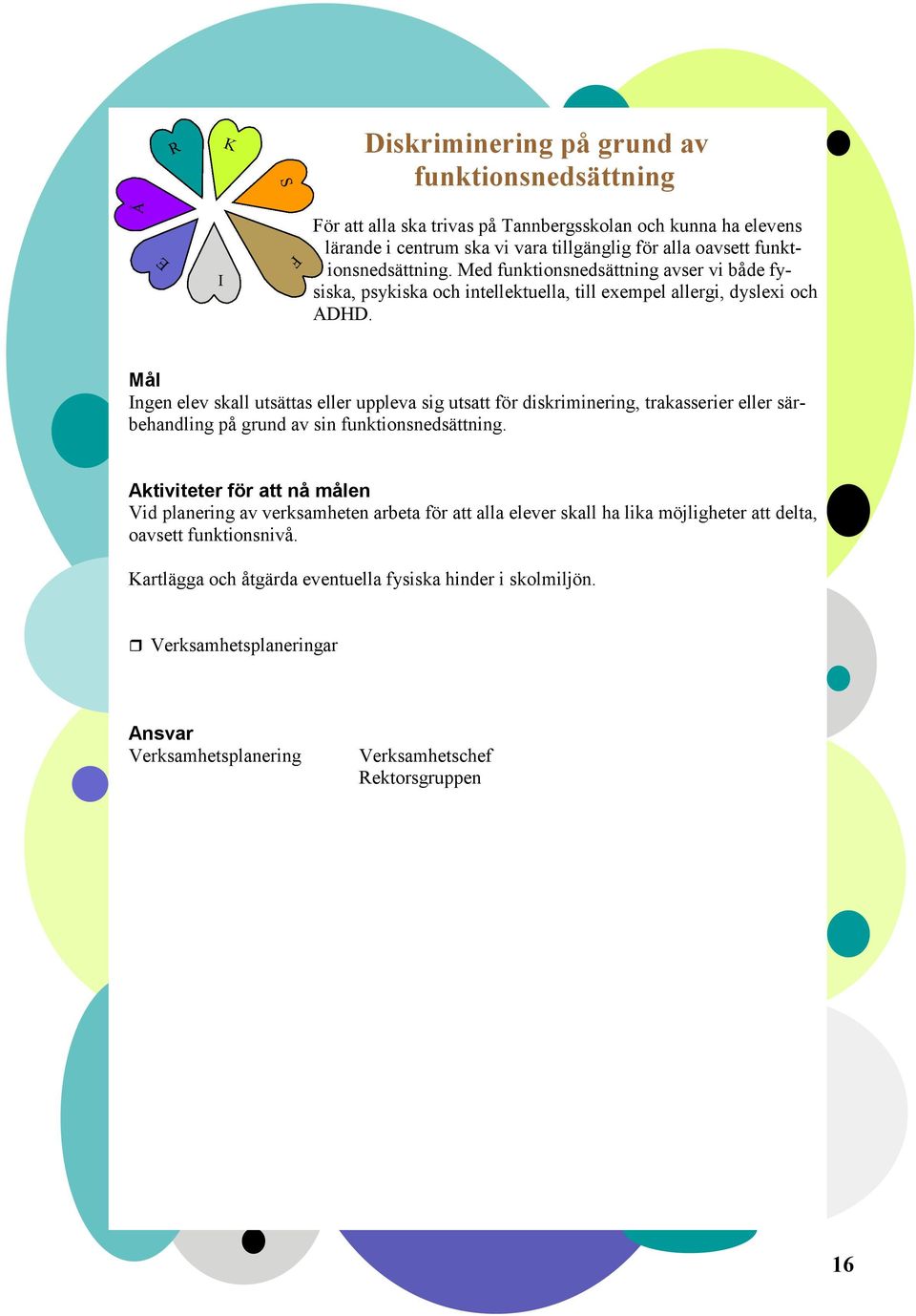 Mål Ingen elev skall utsättas eller uppleva sig utsatt för diskriminering, trakasserier eller särbehandling på grund av sin funktionsnedsättning.