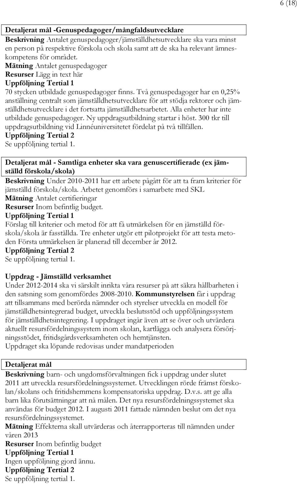 Två genuspedagoger har en 0,25% anställning centralt som jämställdhetsutvecklare för att stödja rektorer och jämställdhetsutvecklare i det fortsatta jämställdhetsarbetet.