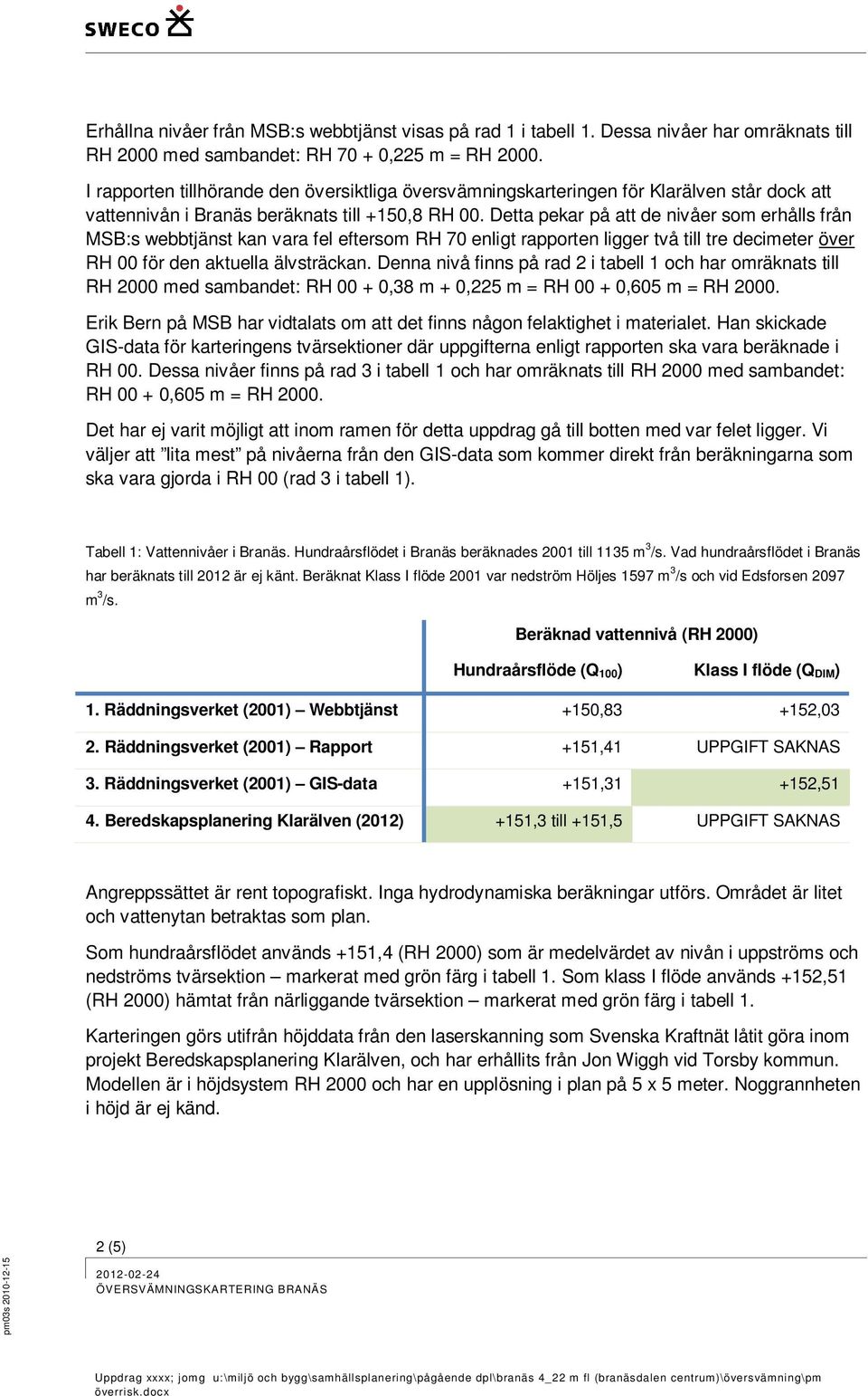 Detta pekar på att de nivåer som erhålls från MSB:s webbtjänst kan vara fel eftersom RH 70 enligt rapporten ligger två till tre decimeter över RH 00 för den aktuella älvsträckan.