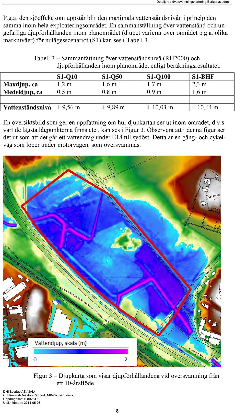 Tabell 3 Sammanfattning över vattenståndsnivå (RH2000) och djupförhållanden inom planområdet enligt beräkningsresultatet.