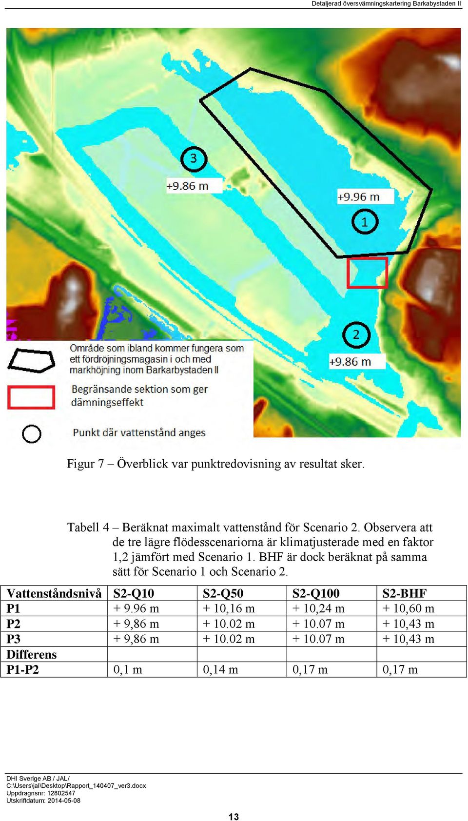 BHF är dock beräknat på samma sätt för Scenario 1 och Scenario 2. Vattenståndsnivå S2-Q10 S2-Q50 S2-Q100 S2-BHF P1 + 9.