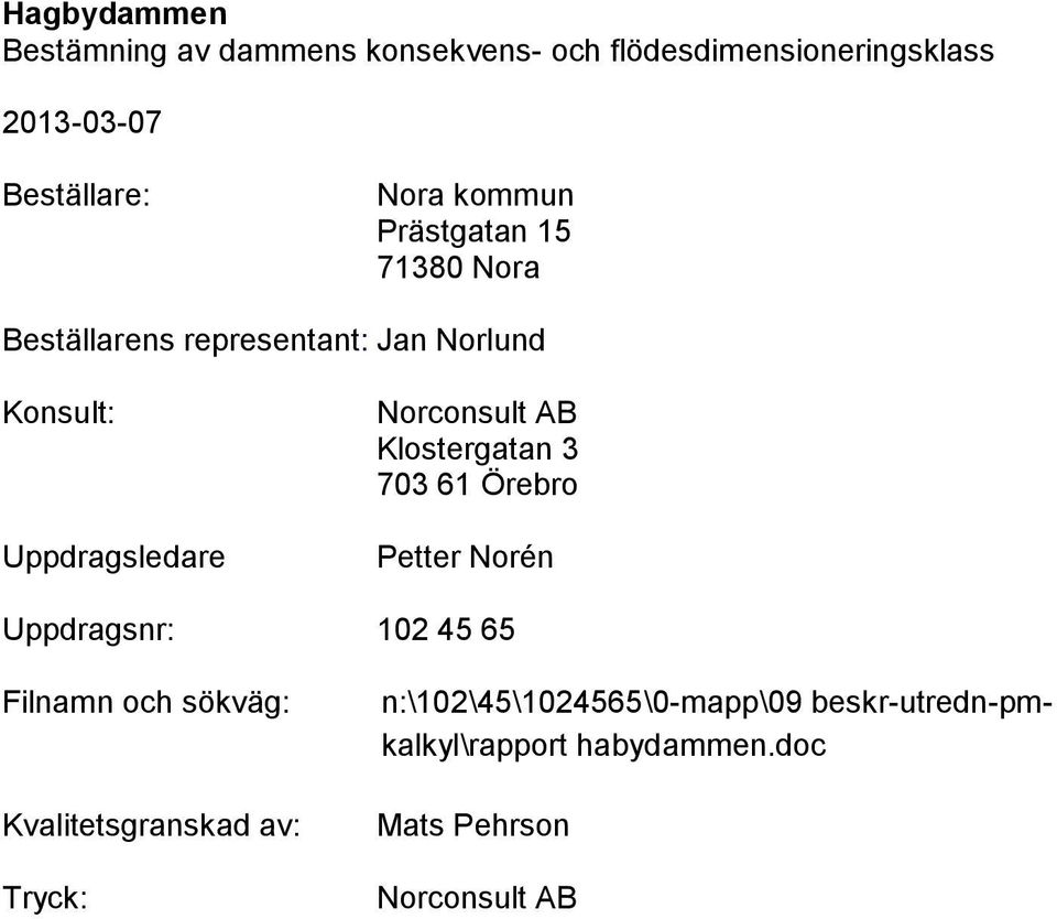 Norén Uppdragsnr: 102 45 65 Filnamn och sökväg: Kvalitetsgranskad av: Tryck: