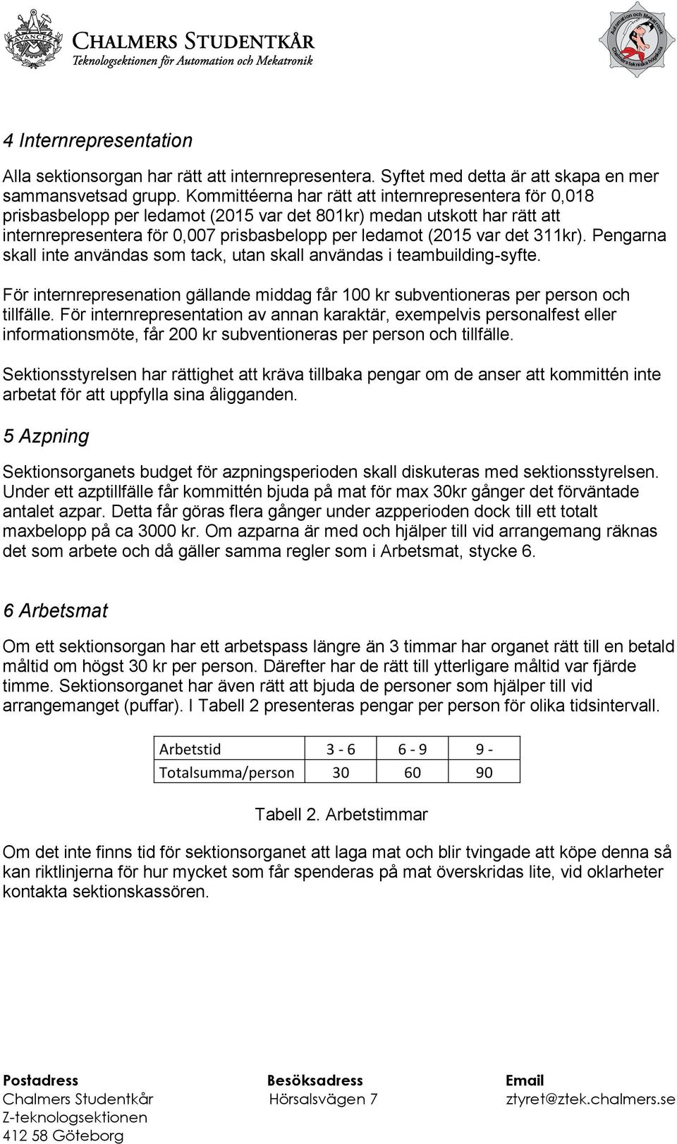 311kr). Pengarna skall inte användas som tack, utan skall användas i teambuilding-syfte. För internrepresenation gällande middag får 100 kr subventioneras per person och tillfälle.