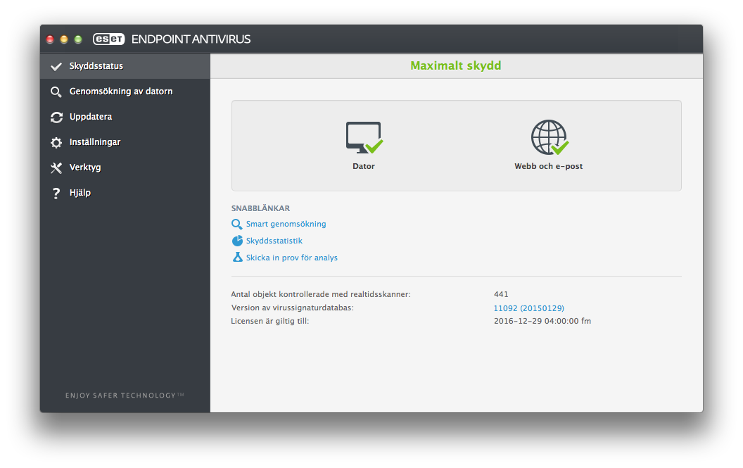 6.1 Tangentbordsgenvägar Tangentbordsgenvägar som kan användas med ESET Endpoint Antivirus: cm d+, - visar ESET Endpoint Antivirus-preferenser, cm d+o - ändrar storlek på huvudfönstret i ESET