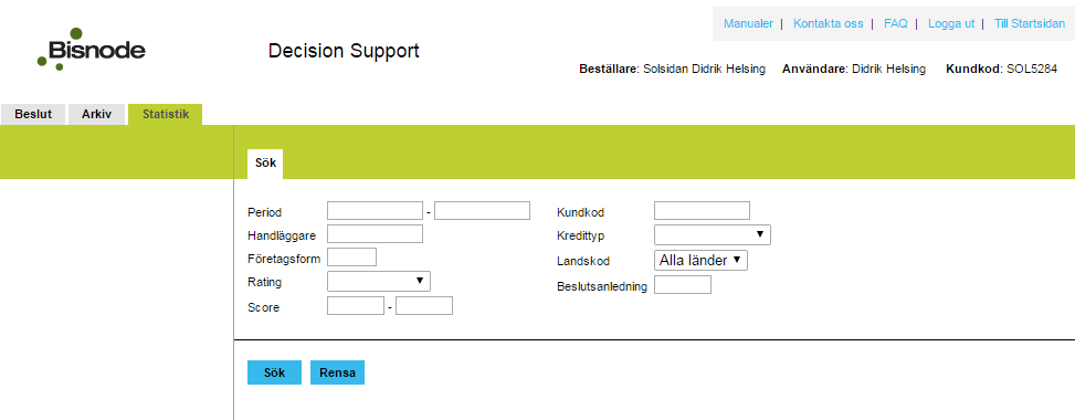 Statistik Här kan du söka fram statistik baserat på ett antal olika parametrar och kombinationer, för att få fram antal beslut som fått godkänt, kontroll samt avslag, både till antal och i procent.