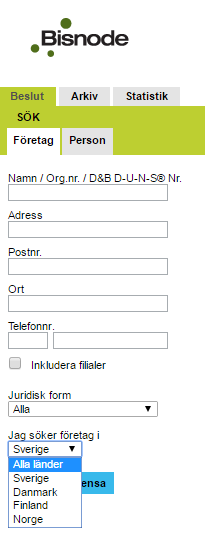 Sökning Sök företag Sökning företag Selektering på namn, registreringsnummer, adressuppgifter Du kan söka på företagets namn, organisationsnummer (CVR-nummer i Danmark, Y-tunnus-nummer i Finland och