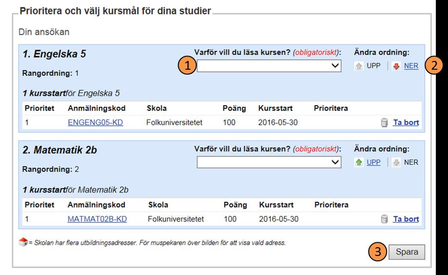 Ansökan fortsätter med 7 steg Steg 1 För varje kurs du söker behöver du